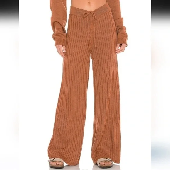 SNDYS x REVOLVE Rust Ribbed Knit High Waisted Flared Wide Leg Pants Size S - Picture 4 of 5